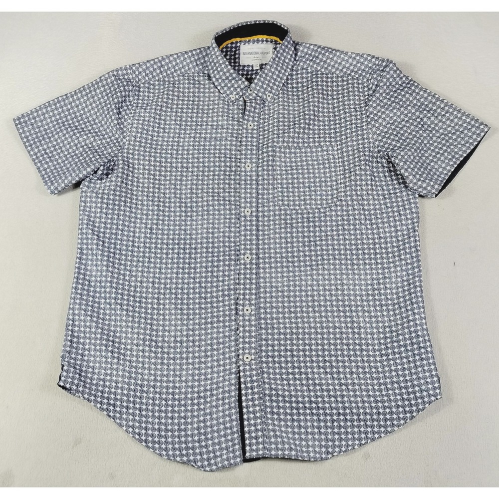 International Report Button Up Mens Large Blue Geometric Short Sleeve Shirt